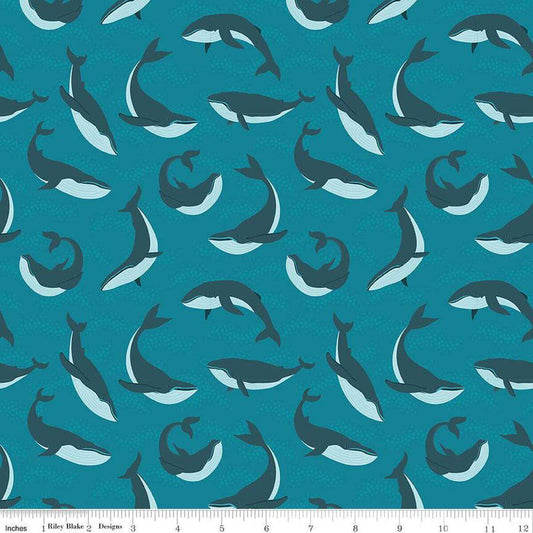 Image of the Alaska Whales Deep Water quilting cotton fabric by Riley Blake Designs. Features animals on a blue background. Cute Little Fabric Shop