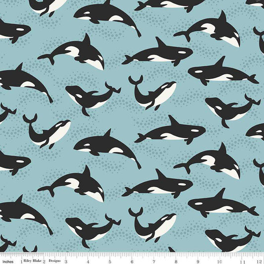 Image of the Alaska Whales Aqua quilting cotton fabric by Riley Blake Designs. Features animals on a blue background. Cute Little Fabric Shop