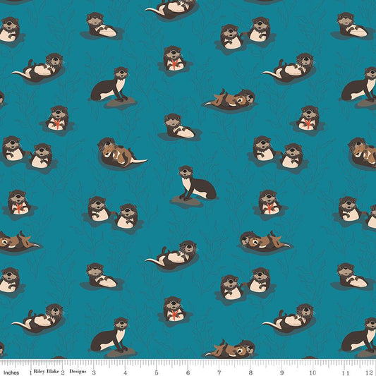 Image of the Alaska Sea Otters Deep Water quilting cotton fabric by Riley Blake Designs. Features animals on a blue background. Cute Little Fabric Shop