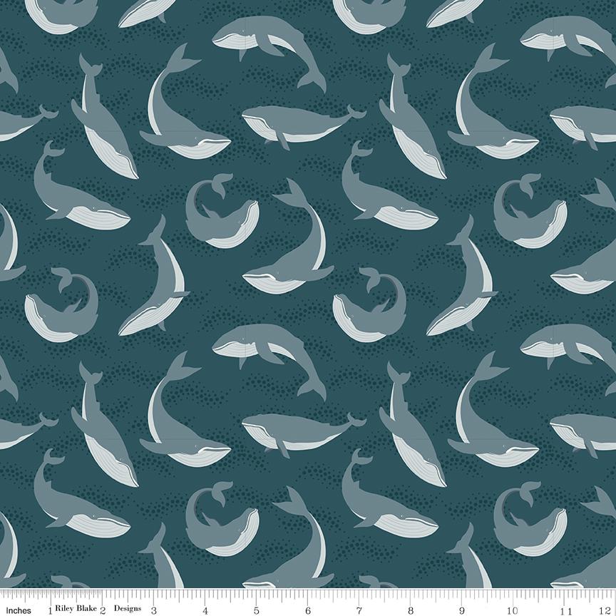 Image of the Alaska Whales Coastal quilting cotton fabric by Riley Blake Designs. Features animals on a blue background. Cute Little Fabric Shop
