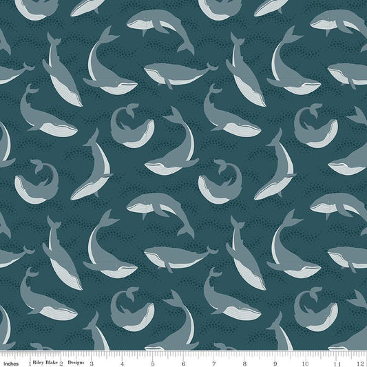 Image of the Alaska Whales Coastal quilting cotton fabric by Riley Blake Designs. Features animals on a blue background. Cute Little Fabric Shop