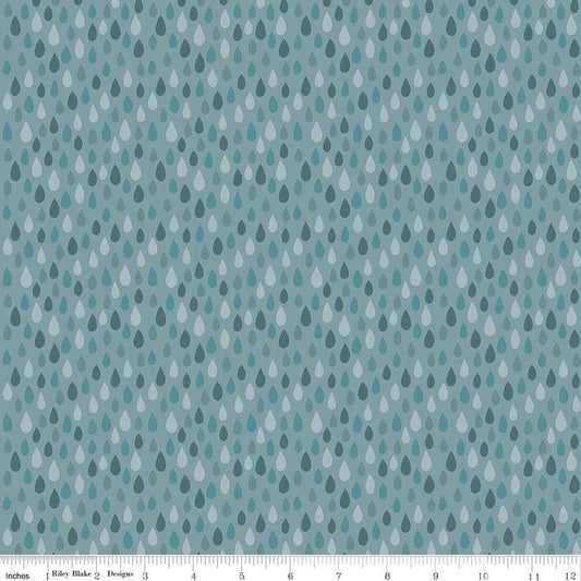 Image of the Created With Love Showered with Love Sky quilting cotton fabric by Riley Blake Designs. Features raindrops on a blue background. Cute Little Fabric Shop