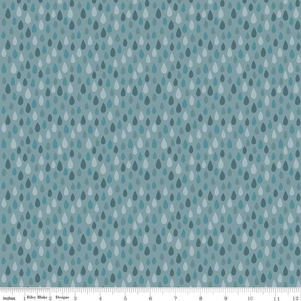 Image of the Created With Love Showered with Love Sky quilting cotton fabric by Riley Blake Designs. Features raindrops on a blue background. Cute Little Fabric Shop
