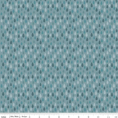 Image of the Created With Love Showered with Love Sky quilting cotton fabric by Riley Blake Designs. Features raindrops on a blue background. Cute Little Fabric Shop