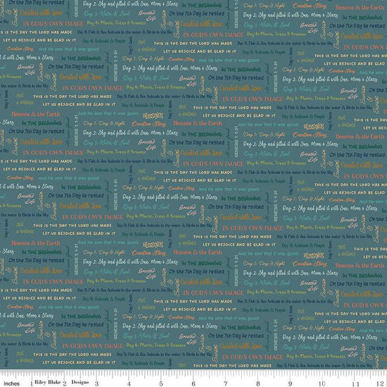 Image of the Created With Love It Is Written Ocean quilting cotton fabric by Riley Blake Designs. Features text on a blue background. Cute Little Fabric Shop