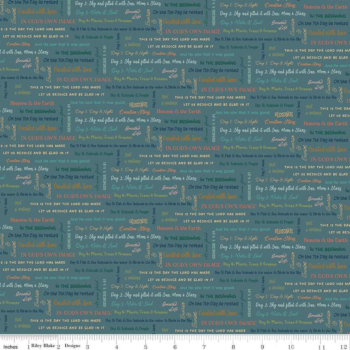 Image of the Created With Love It Is Written Ocean quilting cotton fabric by Riley Blake Designs. Features text on a blue background. Cute Little Fabric Shop