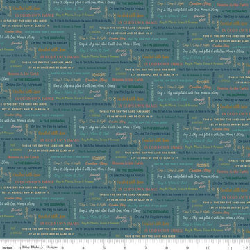 Image of the Created With Love It Is Written Ocean quilting cotton fabric by Riley Blake Designs. Features text on a blue background. Cute Little Fabric Shop