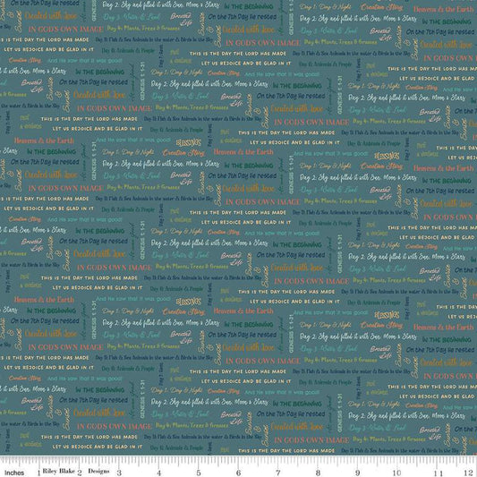Image of the Created With Love It Is Written Ocean quilting cotton fabric by Riley Blake Designs. Features text on a blue background. Cute Little Fabric Shop