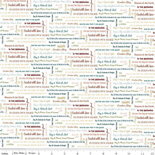 Image of the Created With Love It Is Written Ecru quilting cotton fabric by Riley Blake Designs. Features text on a white background. Cute Little Fabric Shop