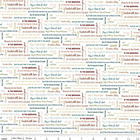 Image of the Created With Love It Is Written Ecru quilting cotton fabric by Riley Blake Designs. Features text on a white background. Cute Little Fabric Shop