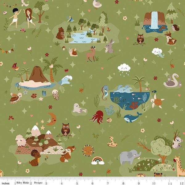 Image of the Created With Love Main Grass quilting cotton fabric by Riley Blake Designs. Features animals on a green background. Cute Little Fabric Shop