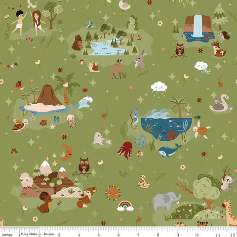 Image of the Created With Love Main Grass quilting cotton fabric by Riley Blake Designs. Features animals on a green background. Cute Little Fabric Shop