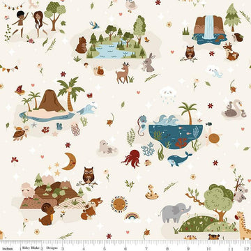 Image of the Created With Love Main Cloud quilting cotton fabric by Riley Blake Designs. Features animals on a cream background. Cute Little Fabric Shop