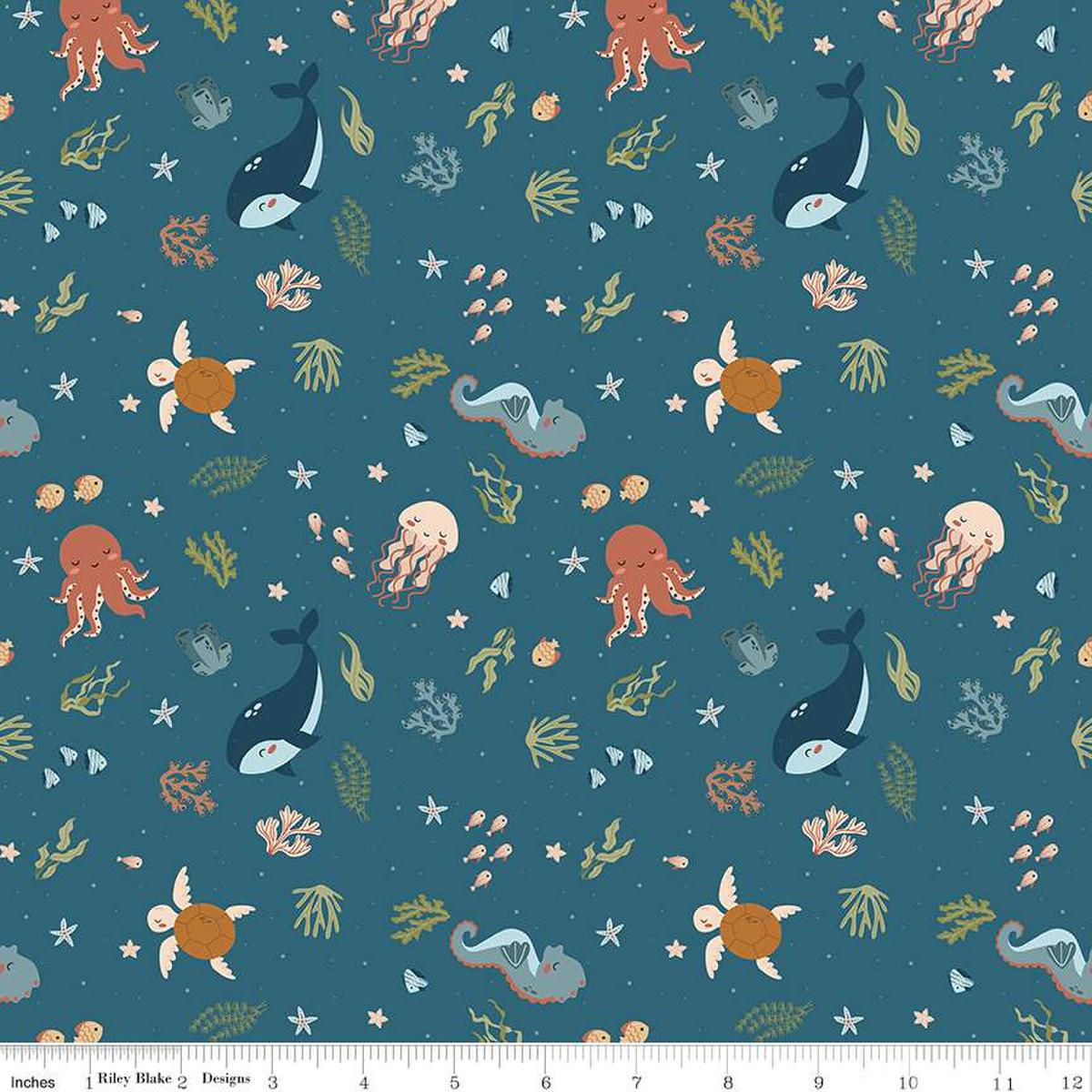 Image of the Created With Love In the Sea Ocean quilting cotton fabric by Riley Blake Designs. Features ocean animals on a blue background. Cute Little Fabric Shop