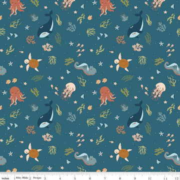 Image of the Created With Love In the Sea Ocean quilting cotton fabric by Riley Blake Designs. Features ocean animals on a blue background. Cute Little Fabric Shop