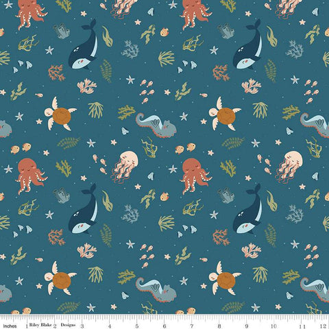 Image of the Created With Love In the Sea Ocean quilting cotton fabric by Riley Blake Designs. Features ocean animals on a blue background. Cute Little Fabric Shop