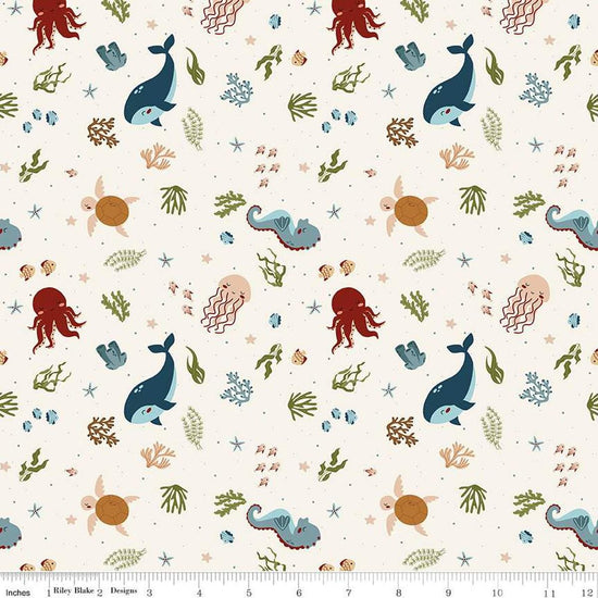 Image of the Created With Love In the Sea Ecru quilting cotton fabric by Riley Blake Designs. Features ocean animals on a cream background. Cute Little Fabric Shop
