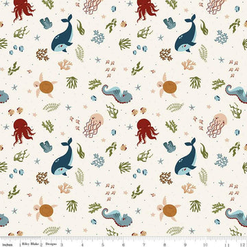 Image of the Created With Love In the Sea Ecru quilting cotton fabric by Riley Blake Designs. Features ocean animals on a cream background. Cute Little Fabric Shop