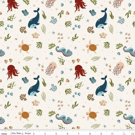 Image of the Created With Love In the Sea Ecru quilting cotton fabric by Riley Blake Designs. Features ocean animals on a cream background. Cute Little Fabric Shop