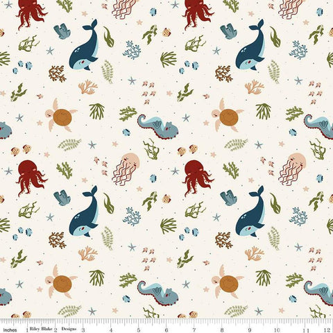 Image of the Created With Love In the Sea Ecru quilting cotton fabric by Riley Blake Designs. Features ocean animals on a cream background. Cute Little Fabric Shop