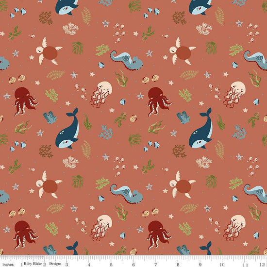 Image of the Created With Love In the Sea Clay quilting cotton fabric by Riley Blake Designs. Features ocean animals on an orange background. Cute Little Fabric Shop
