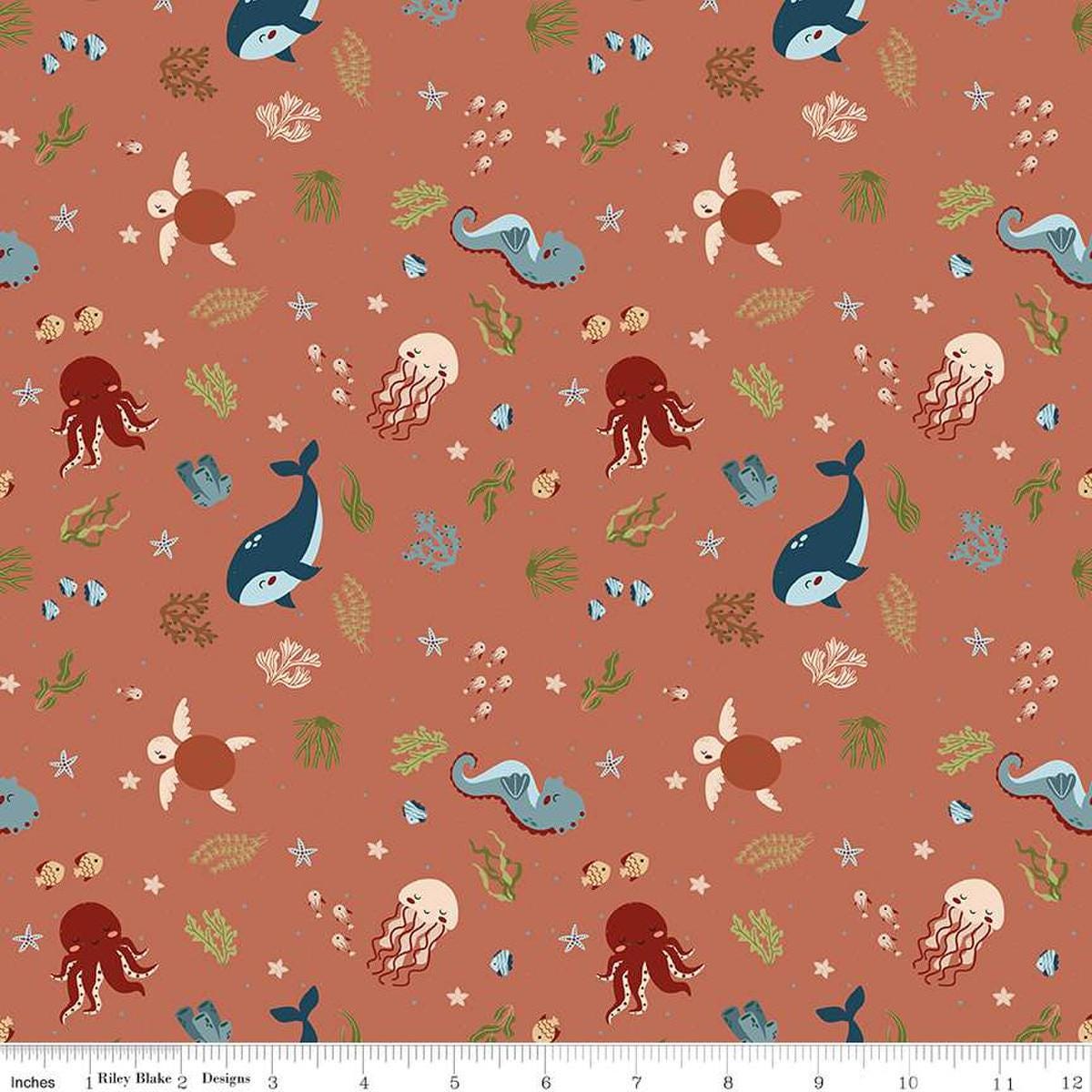 Image of the Created With Love In the Sea Clay quilting cotton fabric by Riley Blake Designs. Features ocean animals on an orange background. Cute Little Fabric Shop