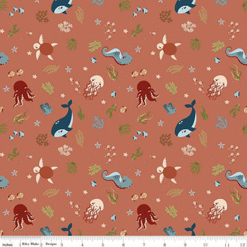 Image of the Created With Love In the Sea Clay quilting cotton fabric by Riley Blake Designs. Features ocean animals on an orange background. Cute Little Fabric Shop