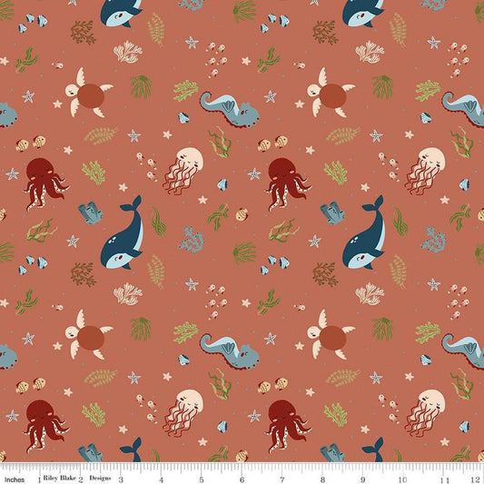 Image of the Created With Love In the Sea Clay quilting cotton fabric by Riley Blake Designs. Features ocean animals on an orange background. Cute Little Fabric Shop