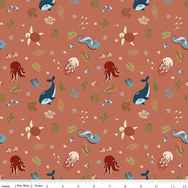 Image of the Created With Love In the Sea Clay quilting cotton fabric by Riley Blake Designs. Features ocean animals on an orange background. Cute Little Fabric Shop