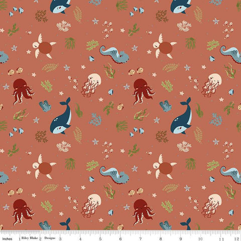 Image of the Created With Love In the Sea Clay quilting cotton fabric by Riley Blake Designs. Features ocean animals on an orange background. Cute Little Fabric Shop