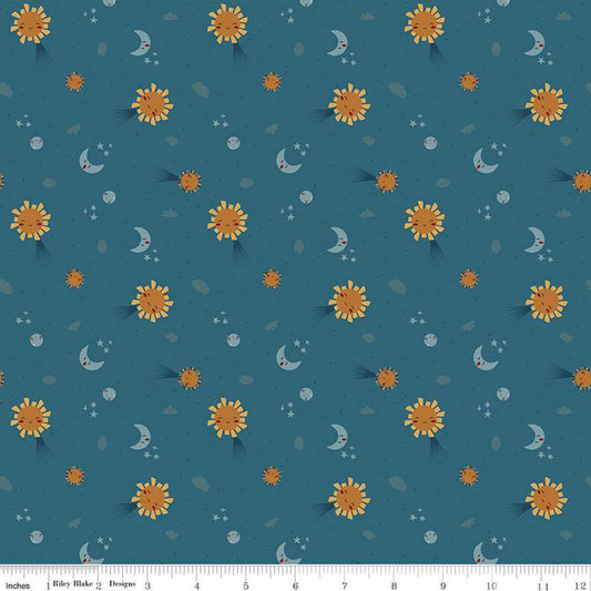 Image of the Created With Love Light & Dark Ocean quilting cotton fabric by Riley Blake Designs. Features stars and moons on a blue background. Cute Little Fabric Shop