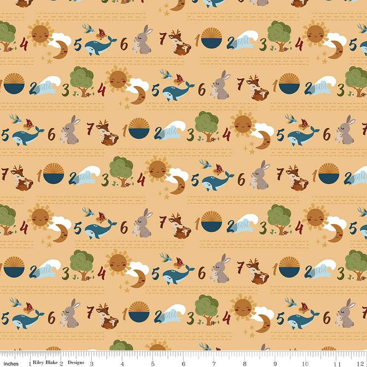 Image of the Created With Love Seven Days Sunshine quilting cotton fabric by Riley Blake Designs. Features animals on a yellow background. Cute Little Fabric Shop