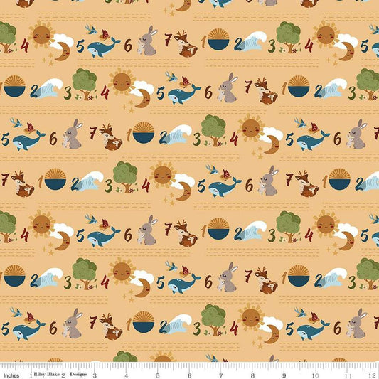 Image of the Created With Love Seven Days Sunshine quilting cotton fabric by Riley Blake Designs. Features animals on a yellow background. Cute Little Fabric Shop
