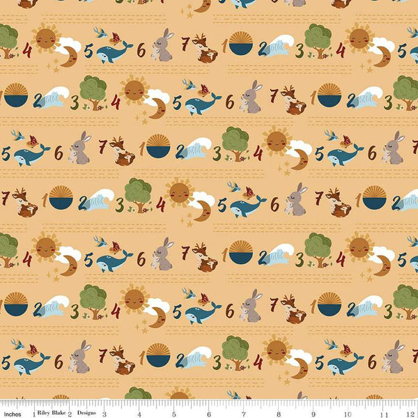 Image of the Created With Love Seven Days Sunshine quilting cotton fabric by Riley Blake Designs. Features animals on a yellow background. Cute Little Fabric Shop