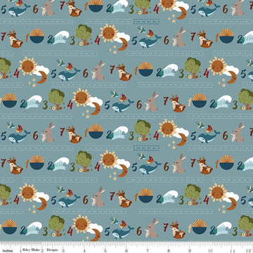 Image of the Created With Love Seven Days Sky quilting cotton fabric by Riley Blake Designs. Features animals on a blue background. Cute Little Fabric Shop