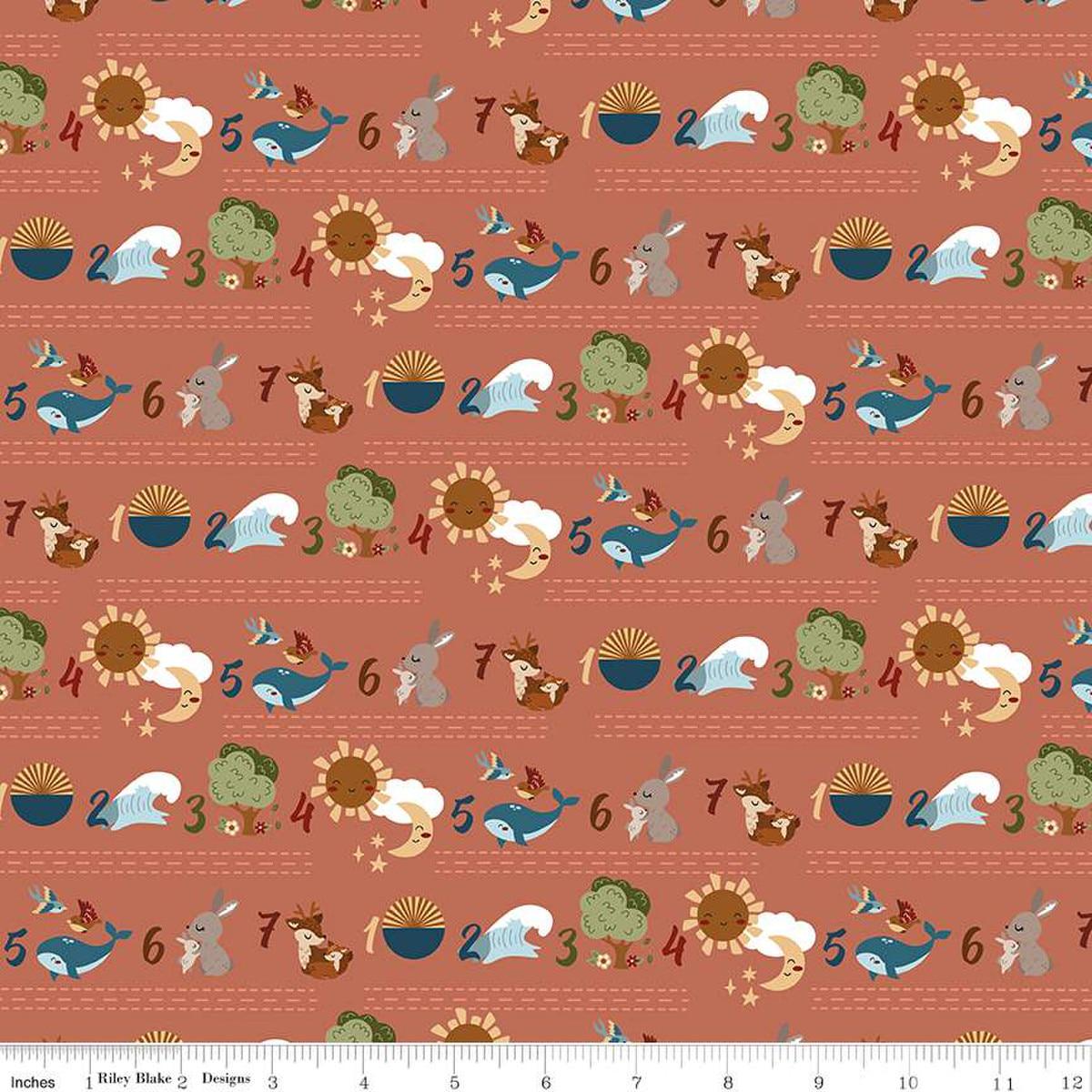 Image of the Created With Love Seven Days Clay quilting cotton fabric by Riley Blake Designs. Features animals on a red background. Cute Little Fabric Shop