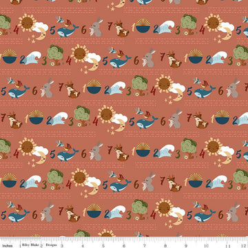 Image of the Created With Love Seven Days Clay quilting cotton fabric by Riley Blake Designs. Features animals on a red background. Cute Little Fabric Shop