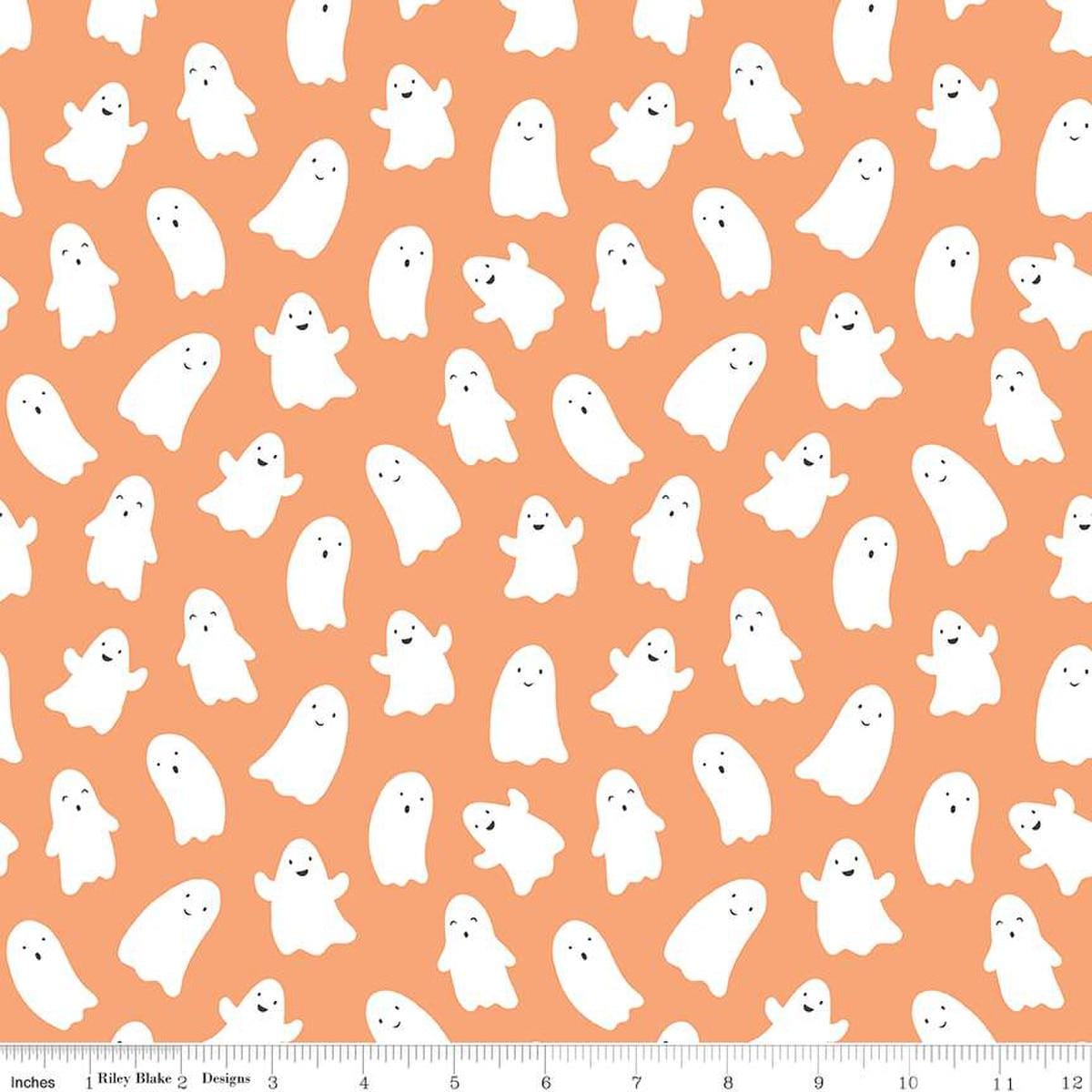 Image of the Hey Pumpkin Ghosts Pumpkin quilting cotton fabric by Riley Blake Designs. Features ghosts on an orange background. Cute Little Fabric Shop