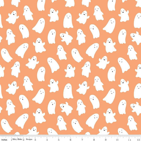 Image of the Hey Pumpkin Ghosts Pumpkin quilting cotton fabric by Riley Blake Designs. Features ghosts on an orange background. Cute Little Fabric Shop