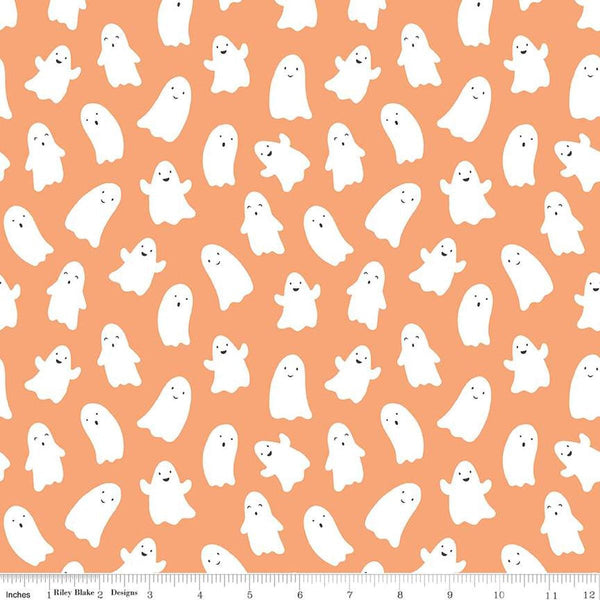 Image of the Hey Pumpkin Ghosts Pumpkin quilting cotton fabric by Riley Blake Designs. Features ghosts on an orange background. Cute Little Fabric Shop