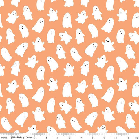 Image of the Hey Pumpkin Ghosts Pumpkin quilting cotton fabric by Riley Blake Designs. Features ghosts on an orange background. Cute Little Fabric Shop
