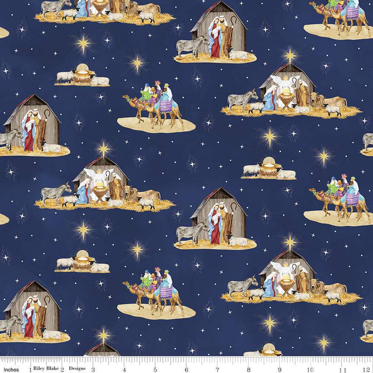 Image of the Come Let Us Adore Him Main Navy quilting cotton fabric. Features nativity scenes on a blue background. Cute Little Fabric Shop
