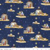 Image of the Come Let Us Adore Him Main Navy quilting cotton fabric. Features nativity scenes on a blue background. Cute Little Fabric Shop