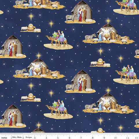 Image of the Come Let Us Adore Him Main Navy quilting cotton fabric. Features nativity scenes on a blue background. Cute Little Fabric Shop
