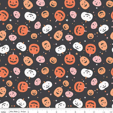 Image of the Hey Pumpkin Pumpkins Charcoal quilting cotton fabric by Riley Blake Designs. Features pumpkins on a black background. Cute Little Fabric Shop