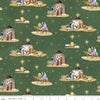 Image of the Come Let Us Adore Him Main Green quilting cotton fabric. Features nativity scenes on a green background. Cute Little Fabric Shop