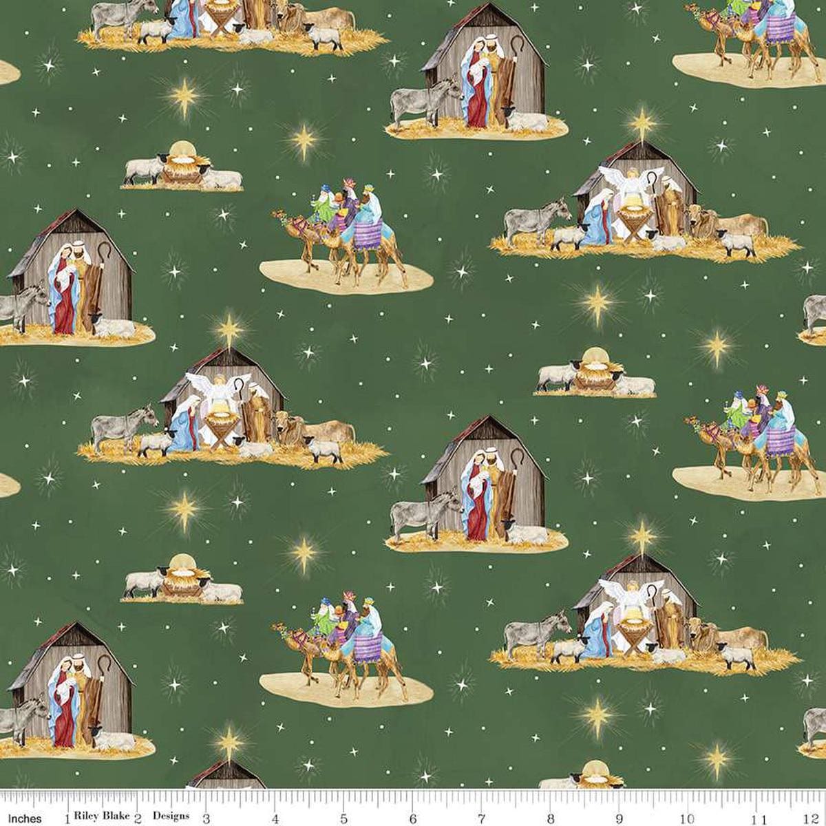 Image of the Come Let Us Adore Him Main Green quilting cotton fabric. Features nativity scenes on a green background. Cute Little Fabric Shop