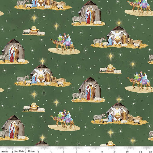 Image of the Come Let Us Adore Him Main Green quilting cotton fabric. Features nativity scenes on a green background. Cute Little Fabric Shop
