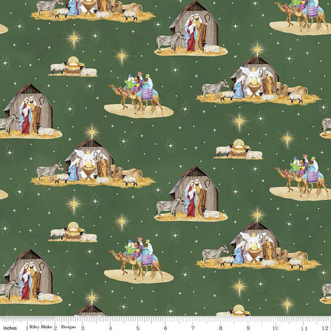 Image of the Come Let Us Adore Him Main Green quilting cotton fabric. Features nativity scenes on a green background. Cute Little Fabric Shop