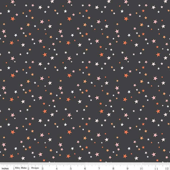 Image of the Hey Pumpkin Stars Charcoal quilting cotton fabric by Riley Blake Designs. Features stars on a black background. Cute Little Fabric Shop